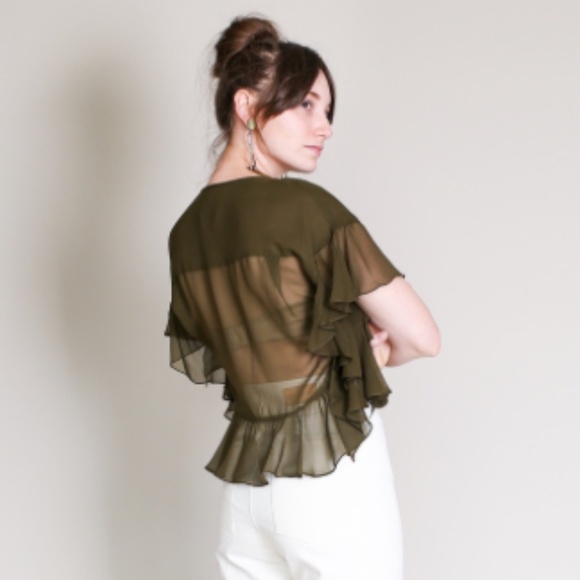 RACHEL COMEY Floater Top Ruffle Keyhole Neckline 100% Silk Olive Green - Size 2 - Picture 2 of 12